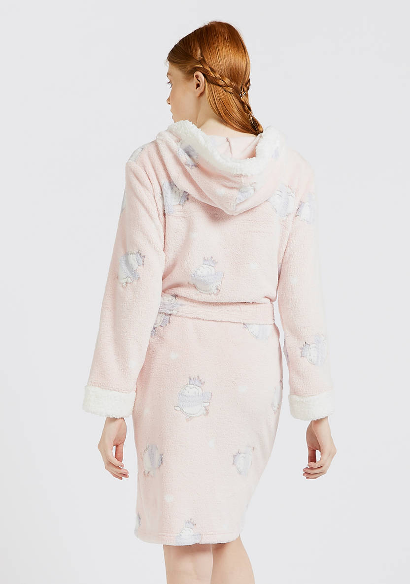 Textured robe with a hood, long sleeves, and pockets