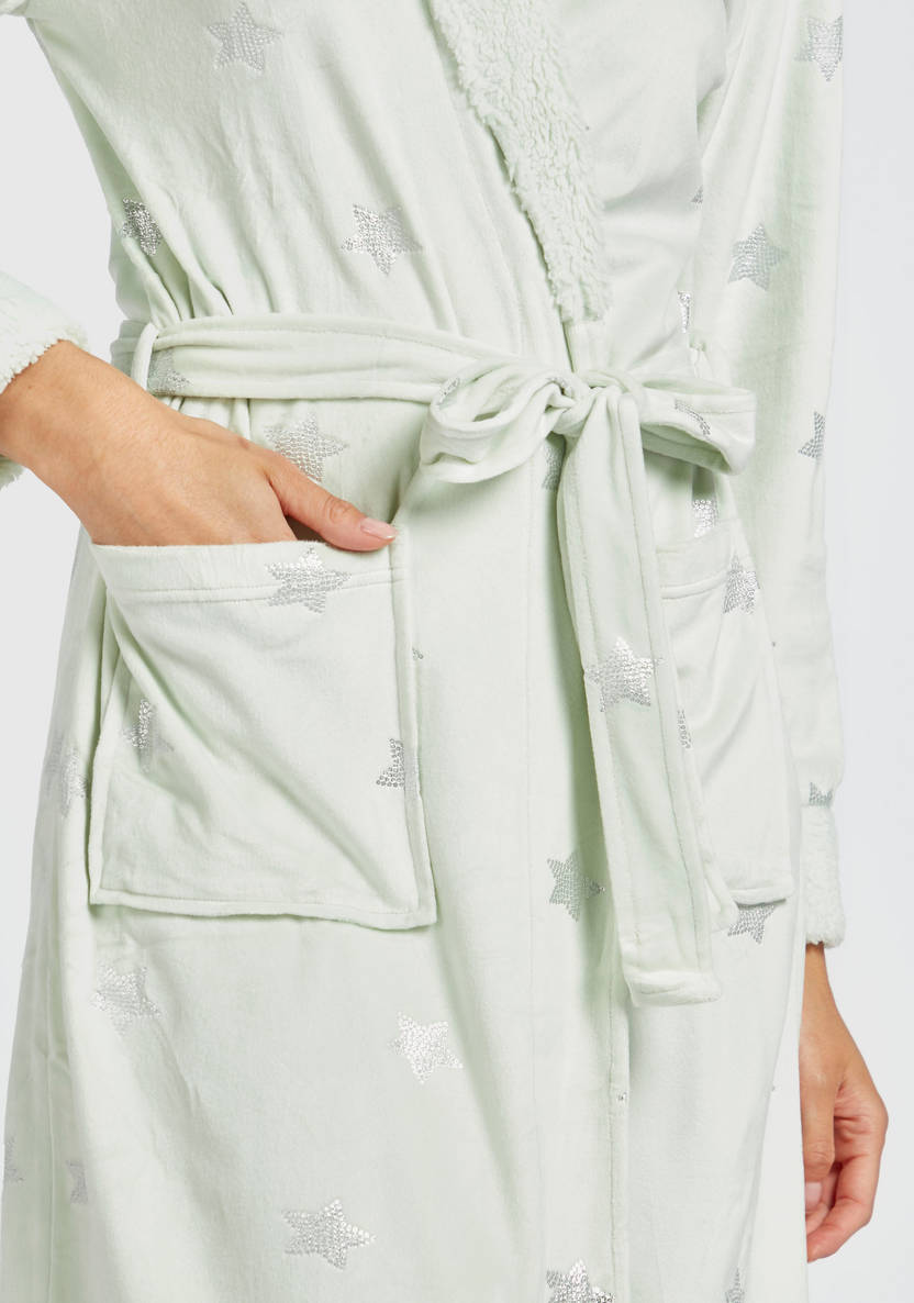 Star Embellished V-neck Robe with Pockets and Belt