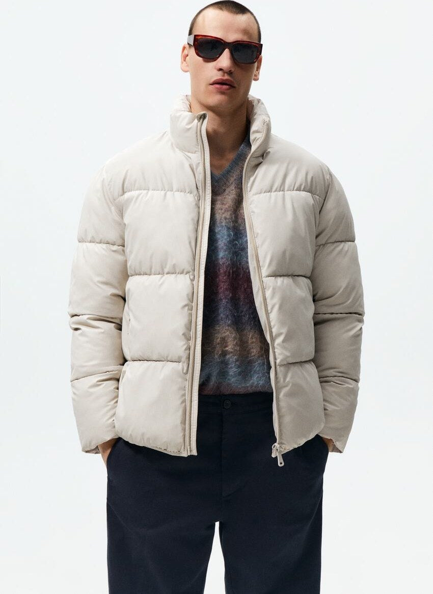 Jacket Zara Men’s Rubberised Puffer Coat Front Zip High Collar in Ivory