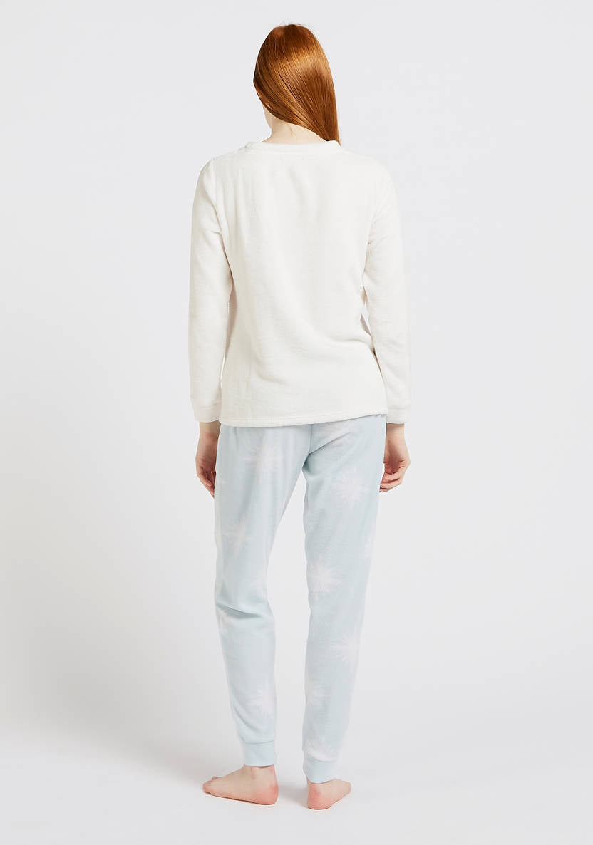 Frozen Print T-shirt with Long Sleeves and Pyjamas Set