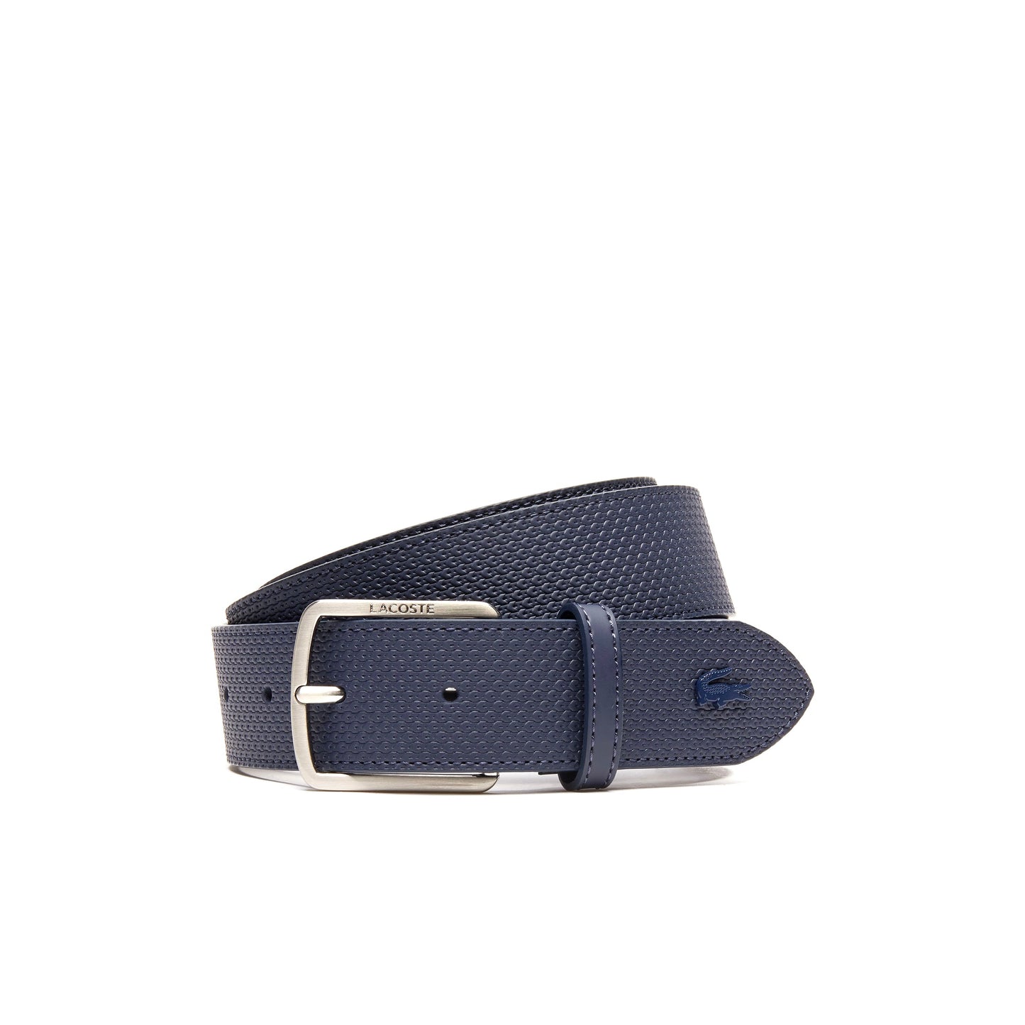 LACOSTE LEATHER BELT NAVY SLVR LOGO 110 CM