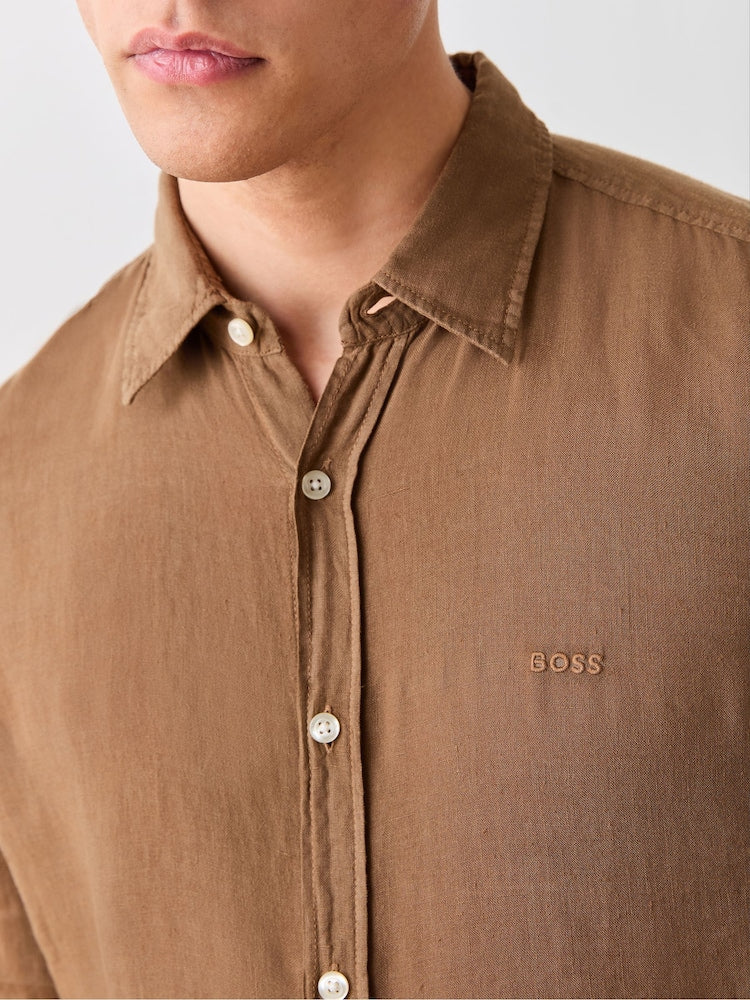 BOSS Brown Relegant Slim Fit 100% Linen Shirt