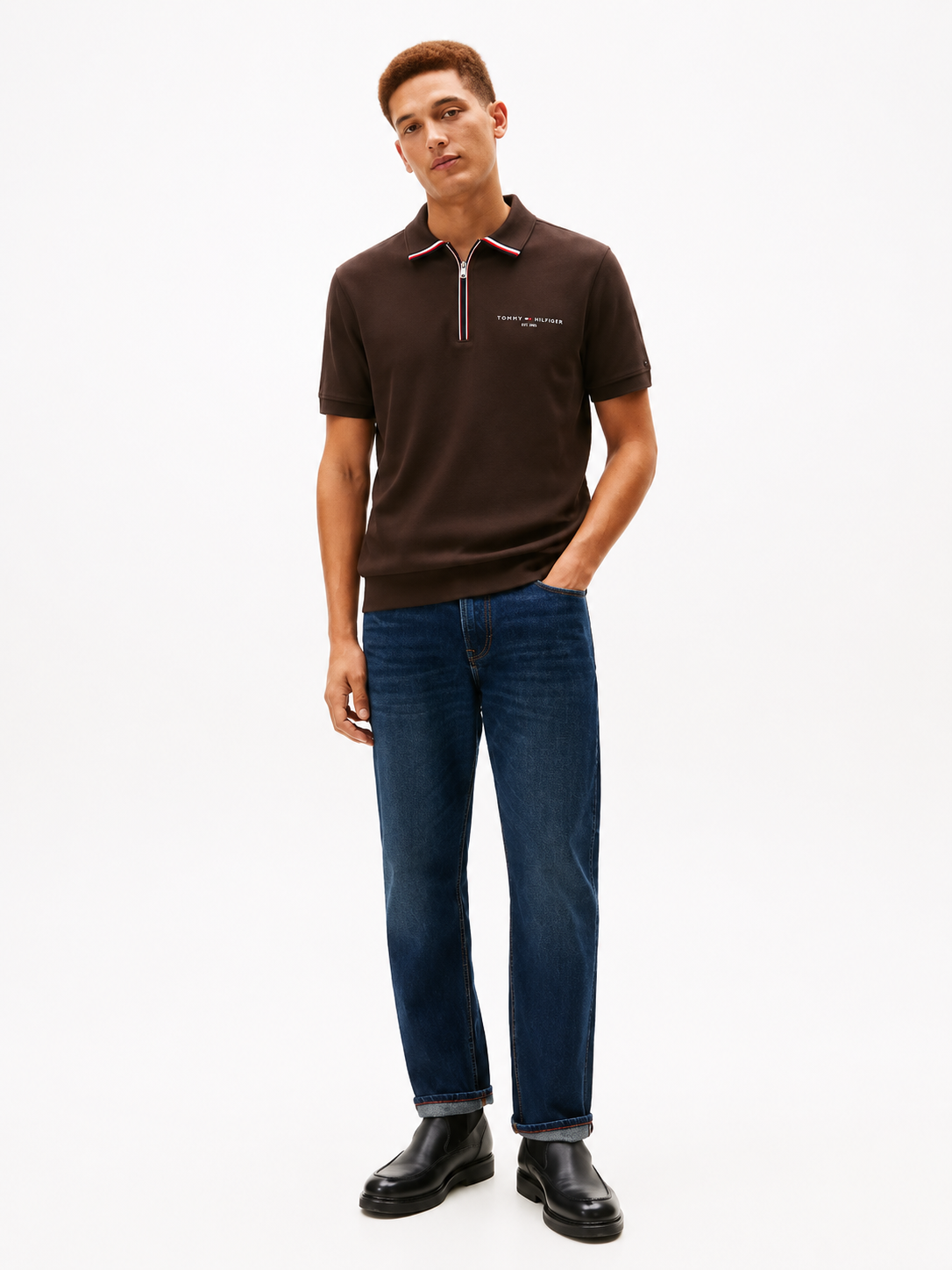 Tommy Hilfiger men's brown solid regular fit polo T-shirt