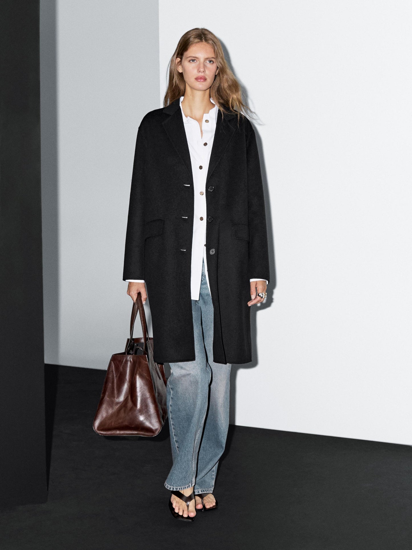 Massimo Dutti LONG WOOL BLEND COAT WOMEN BLACK oversized