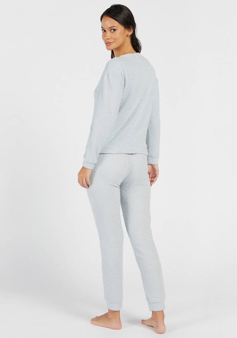 Textured Round Neck Sweatshirt and Full-Length Pyjama Set
