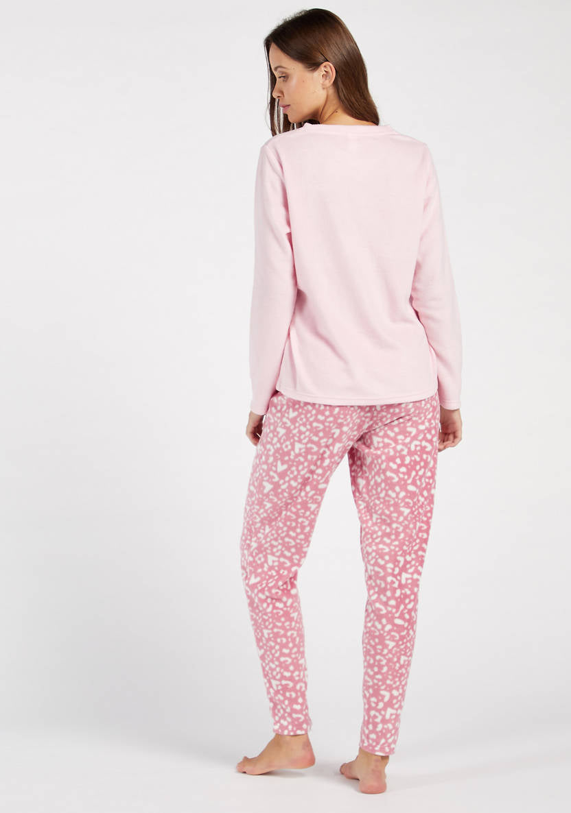 Cozy Collection Printed Round Neck T-shirt and Full Length Pyjama Set
