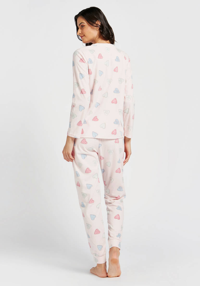 All-Over Heart Print Long Sleeves T-shirt and Pyjama Set