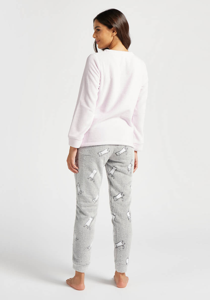 Cat Embroidered T-shirt and Full Length Pyjamas Set