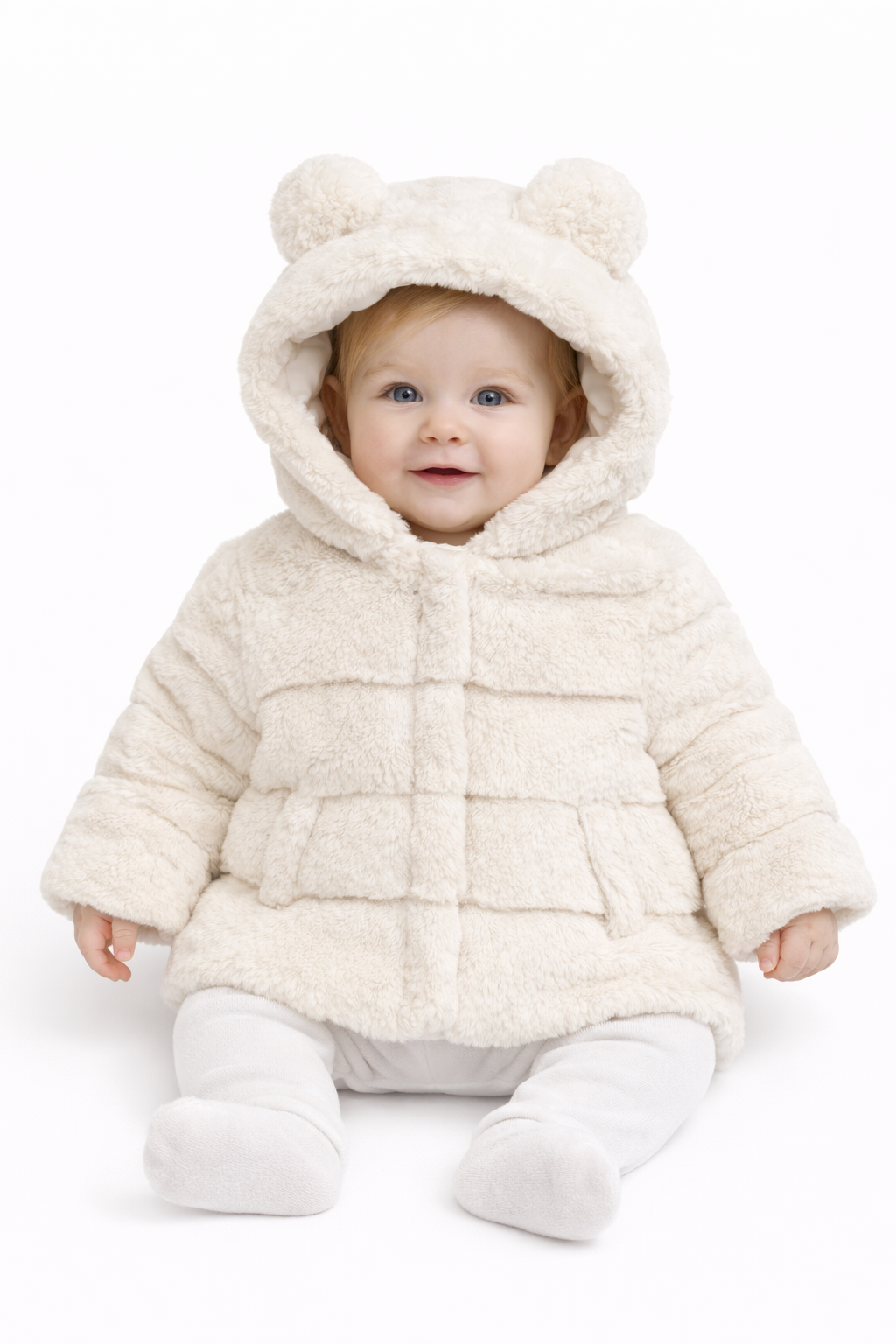 Primark white faux fur winter coat featuring a hood with bear ears