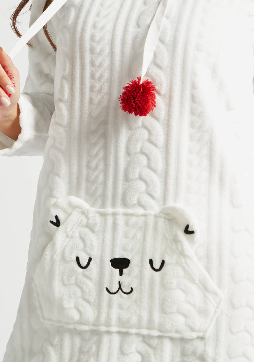 Textured Hooded Sleepshirt with Long Sleeves and Embroidery Detail