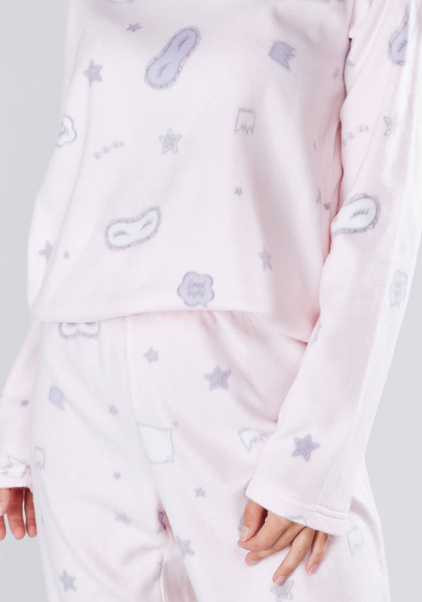 Cozy Collection Printed Round Neck T-shirt and Pyjama Set
