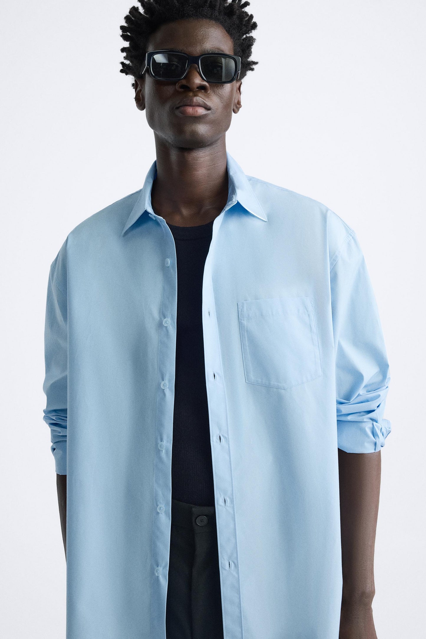 Zara relaxed Pocket poplin shirt baby blue FIT BIGGER