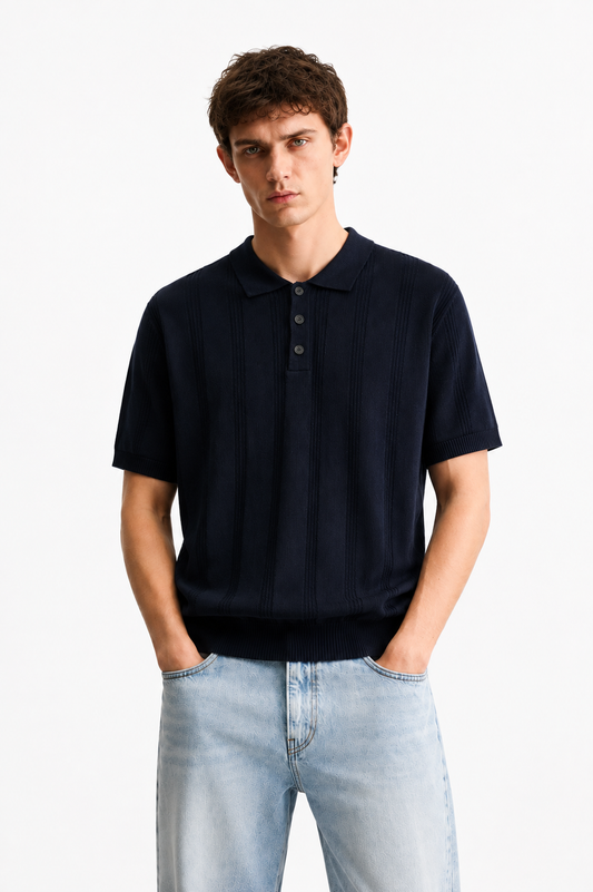 ZARA Navy Textured Knit Polo Shirt