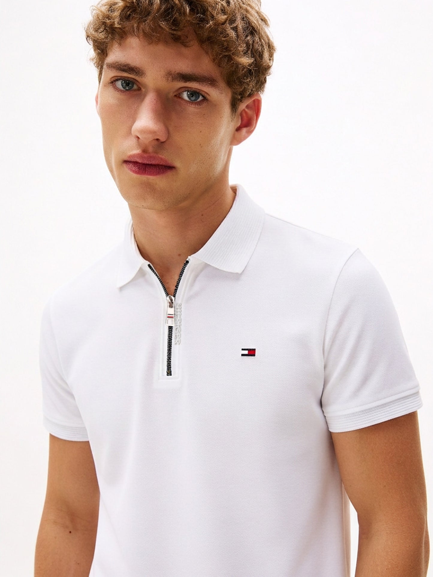 TOMMY HILFIGER SLIM FIT POLO TSHIRT HALF ZIPPER WHITE