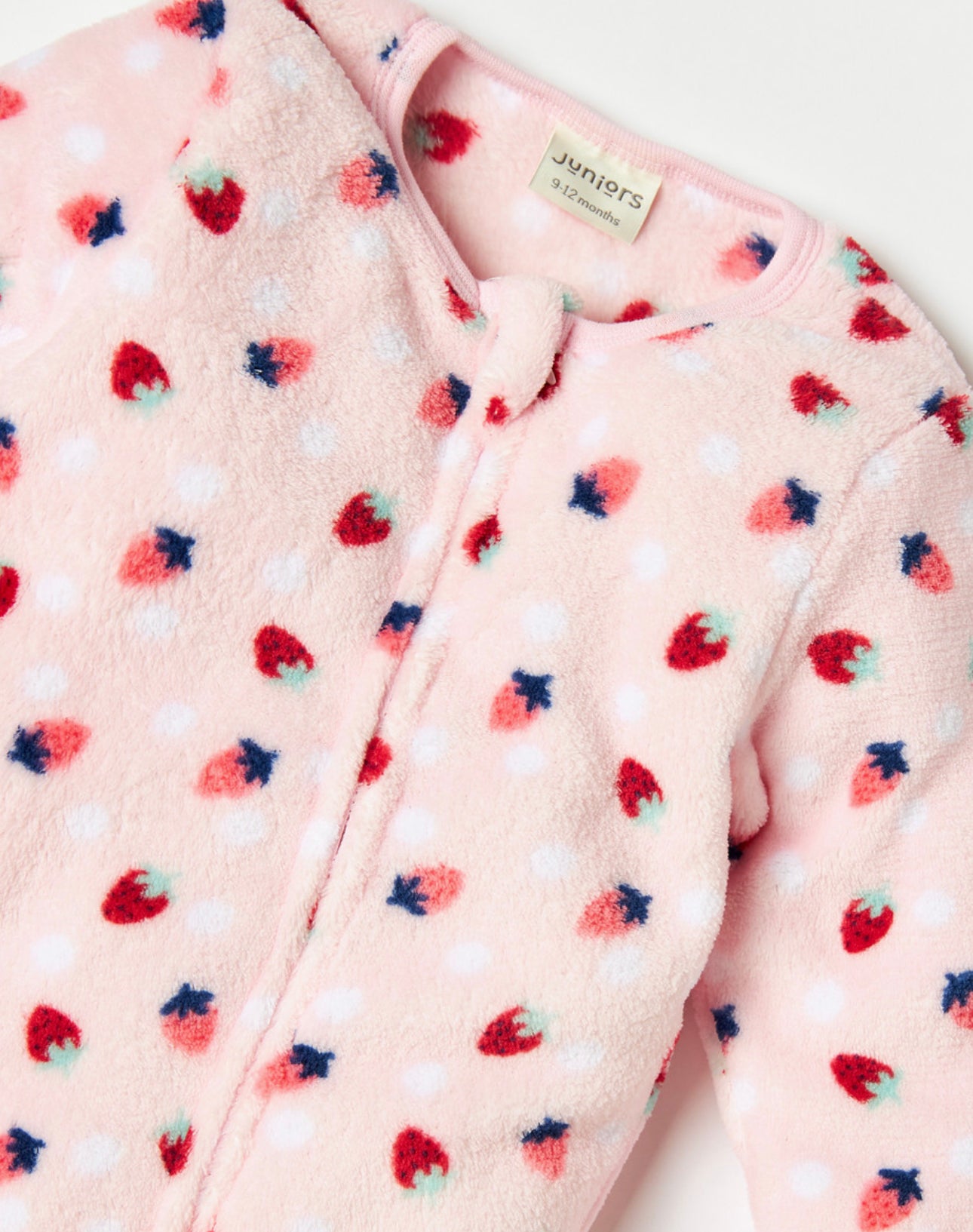 Junior baby girl strawberry fleece patterned textured sleepsuit with a zip closure