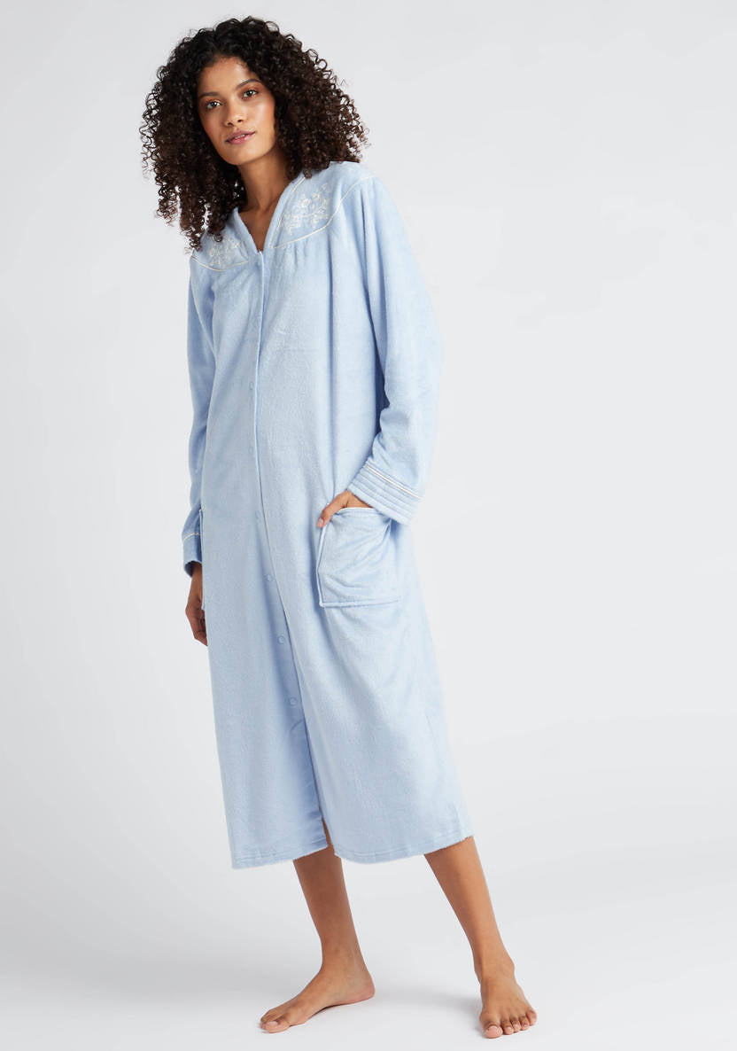 Cozy Collection Embroidered Sleep Gown with Long Sleeves and Pockets