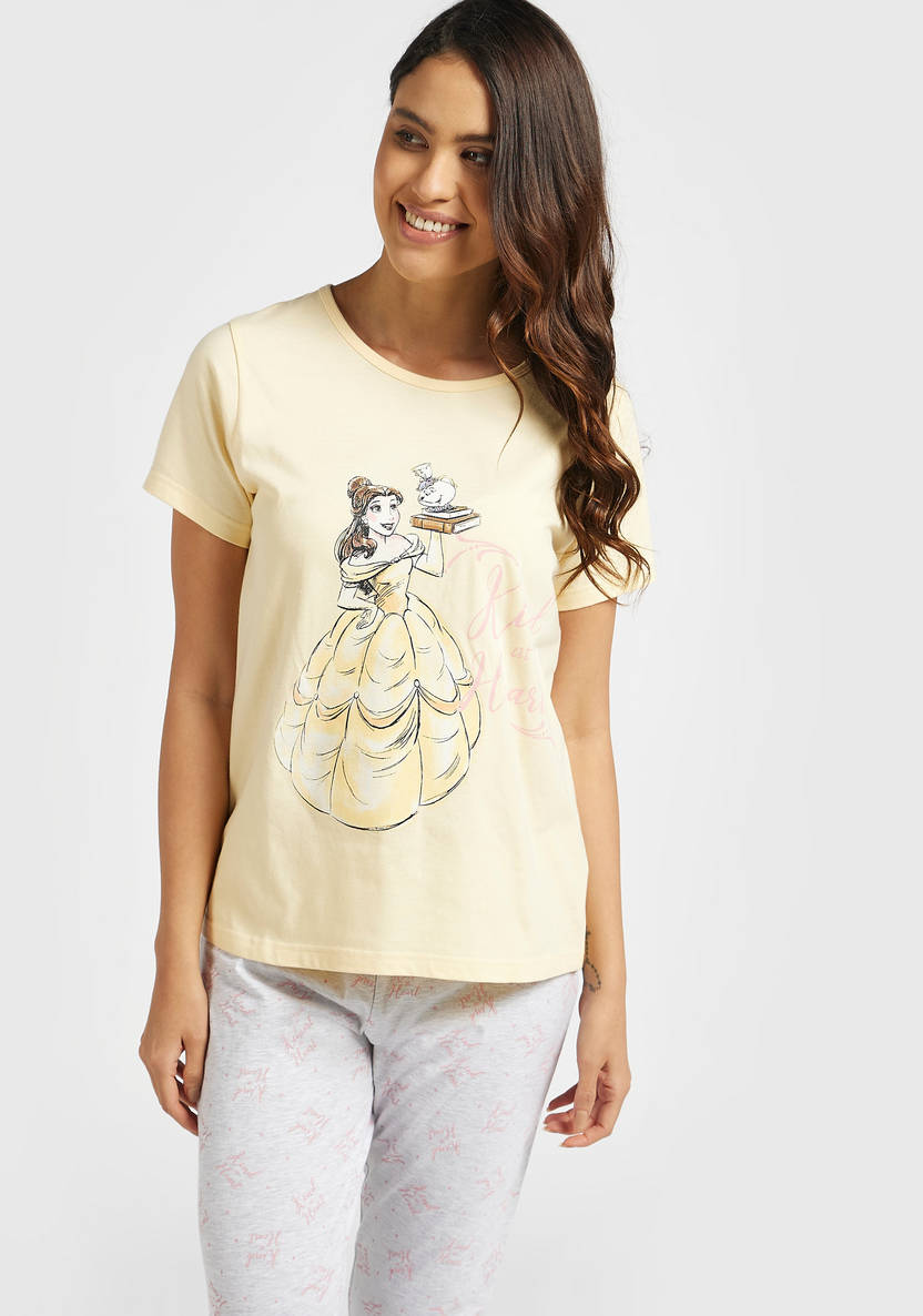 Belle Print Round Neck T-shirt and Full Length Pyjama Set