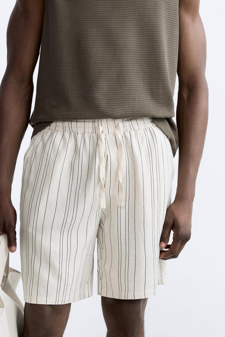 Zara Viscose- Linen Bermuda Short Striped Off White