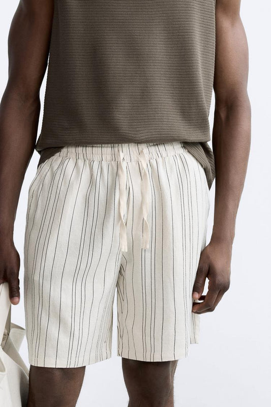 Zara Viscose- Linen Bermuda Short Striped Off White