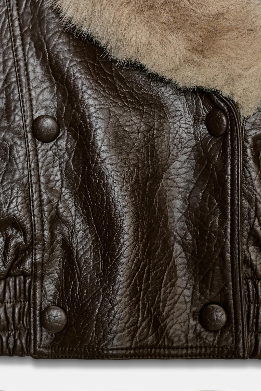 Zara women FAUX LEATHER JACKET WITH DETACHABLE COLLAR  Dark brown