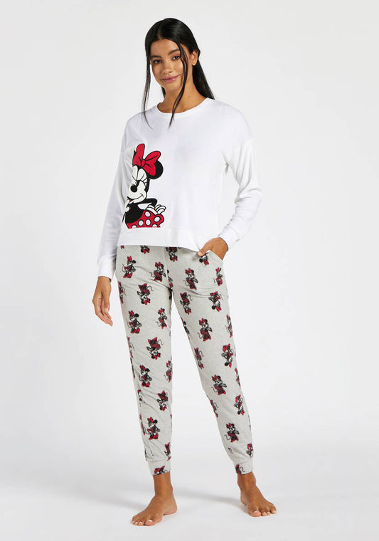 Minnie Mouse Print T-shirt with Long Sleeves and All-Over Printed Pyjamas Set