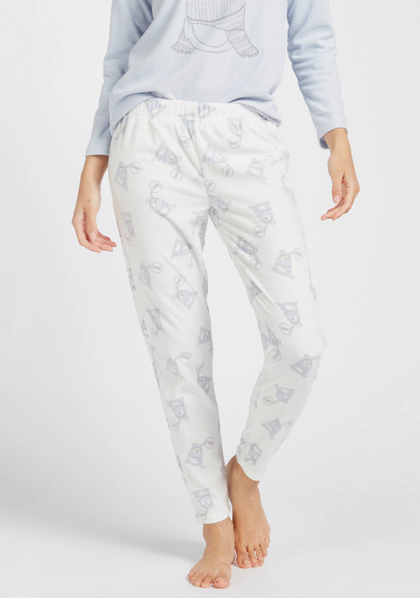 Two-piece set: long-sleeve graphic print T-shirt and printed pajama pants