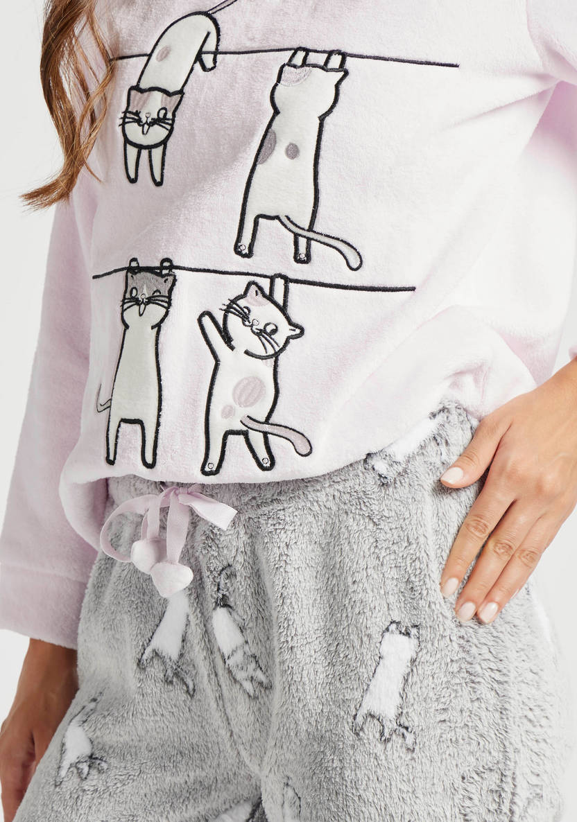 Cat Embroidered T-shirt and Full Length Pyjamas Set