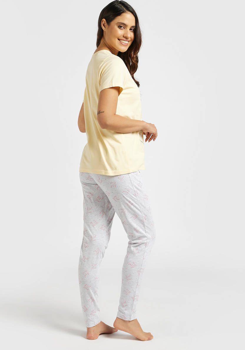 Belle Print Round Neck T-shirt and Full Length Pyjama Set