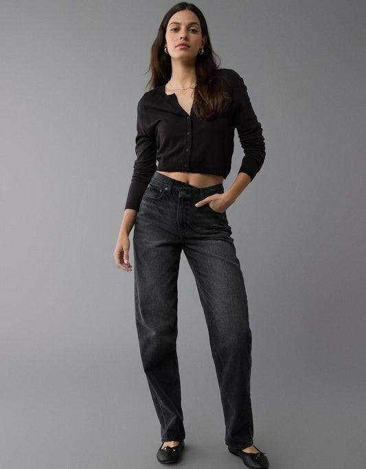 AMERICAN EAGLE WOMEN BLACK STRIGID SUPER HIGH-WAISTED BAGGY STRAIGHT JEAN