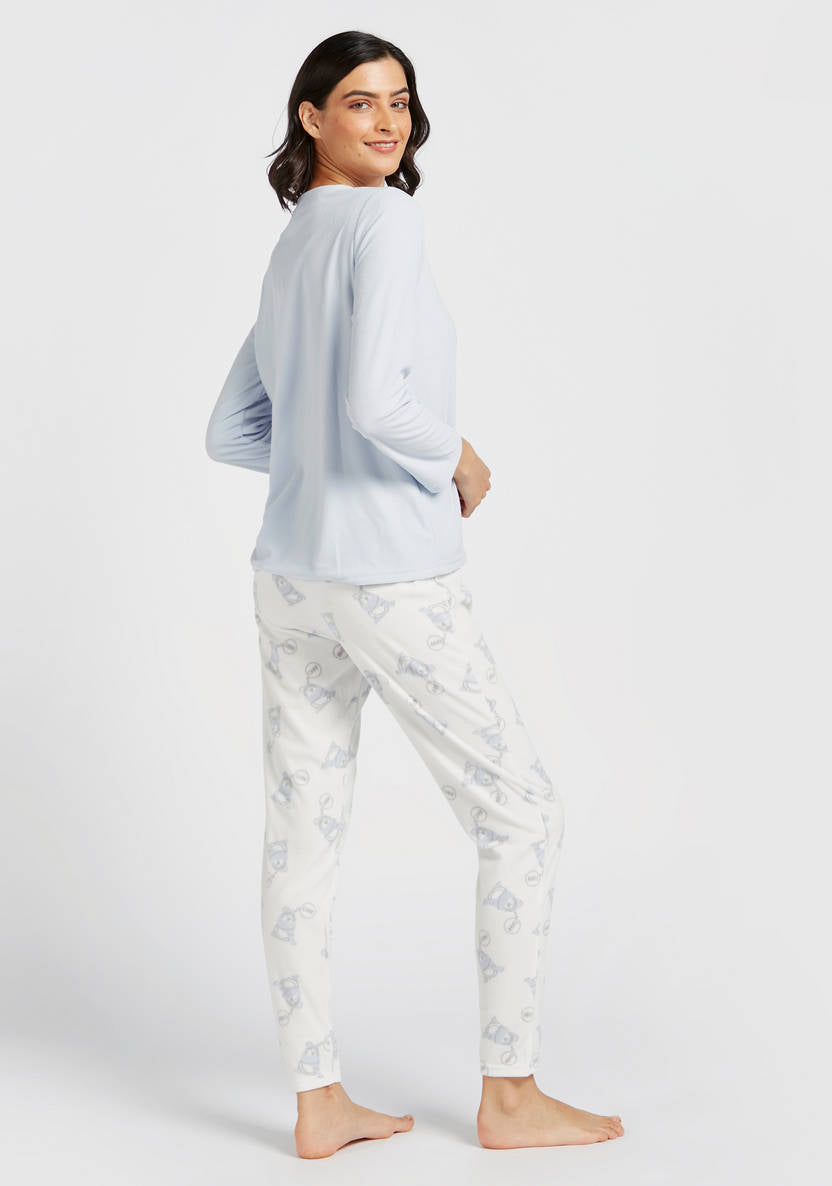 Two-piece set: long-sleeve graphic print T-shirt and printed pajama pants