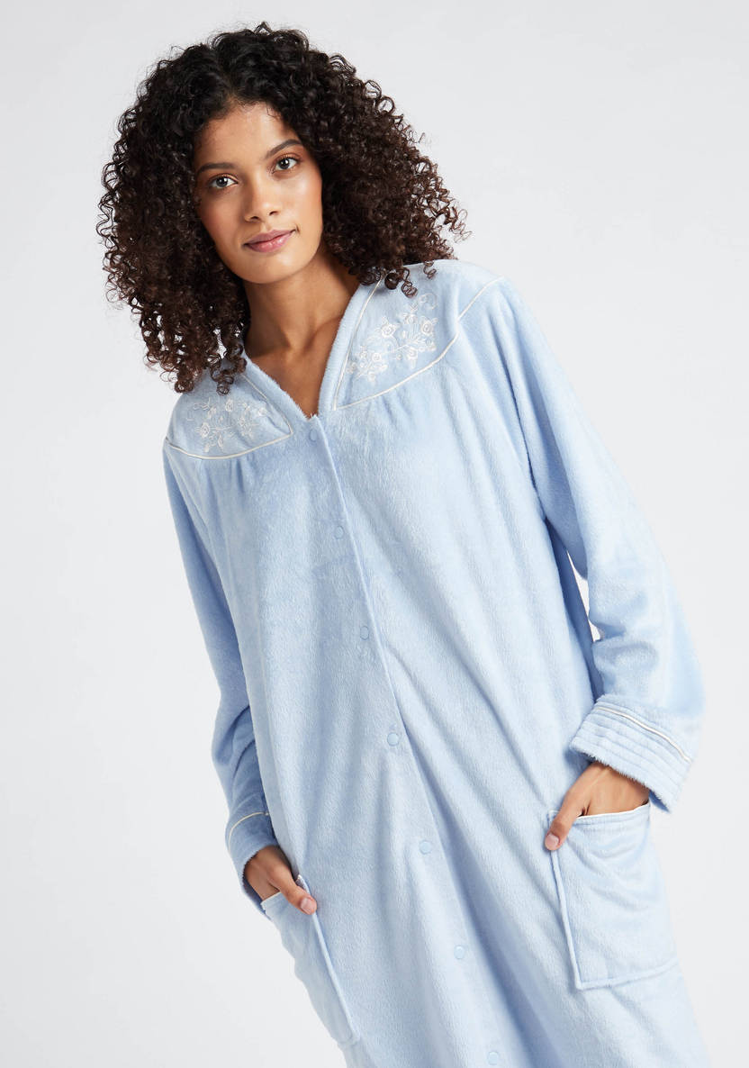 Cozy Collection Embroidered Sleep Gown with Long Sleeves and Pockets