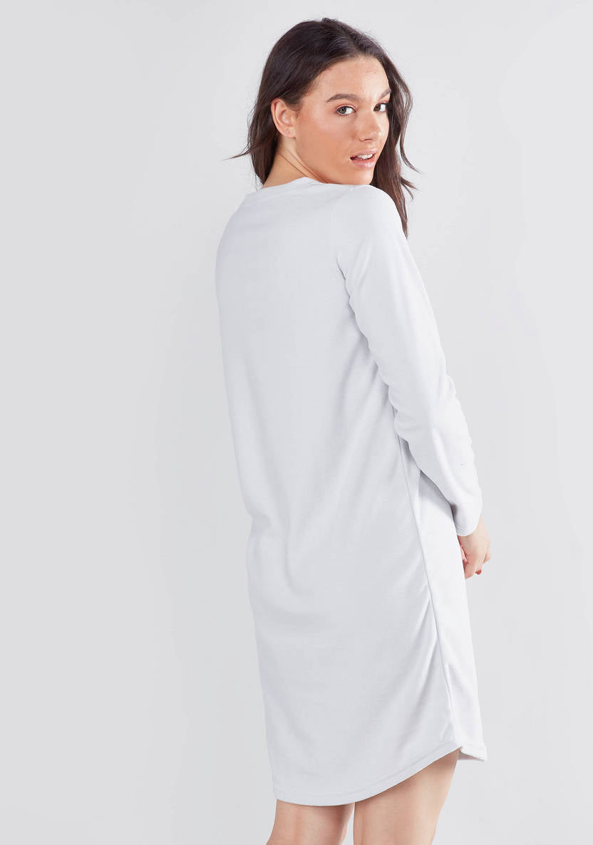 Cozy Collection Printed Sleep Dress with Round Neck and Long Sleeves