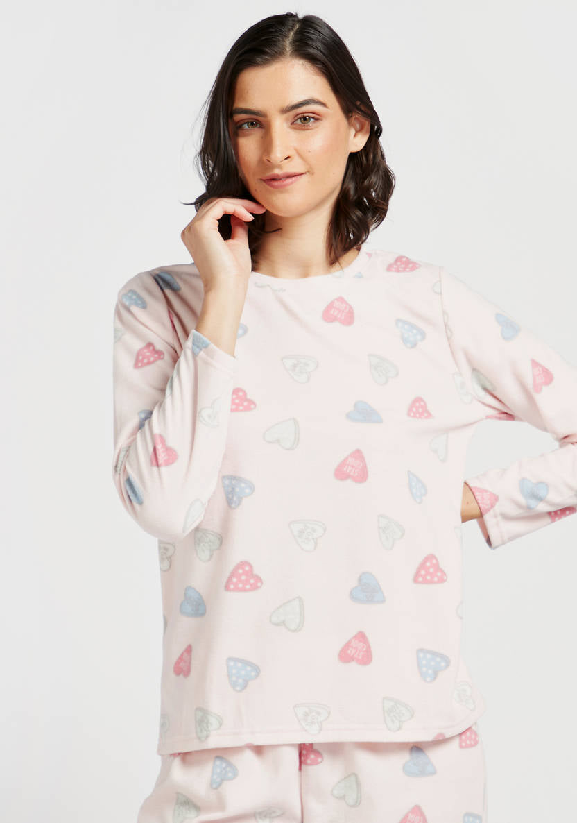 All-Over Heart Print Long Sleeves T-shirt and Pyjama Set