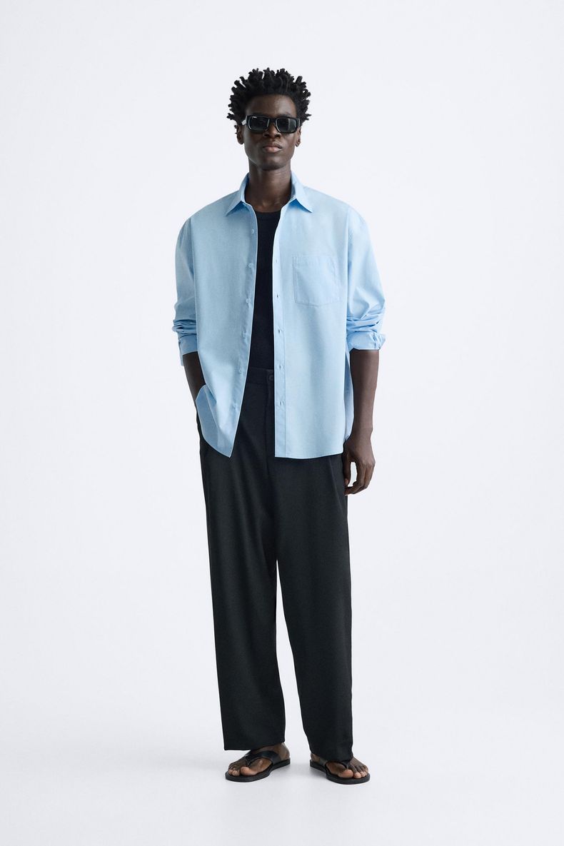 Zara relaxed Pocket poplin shirt baby blue FIT BIGGER
