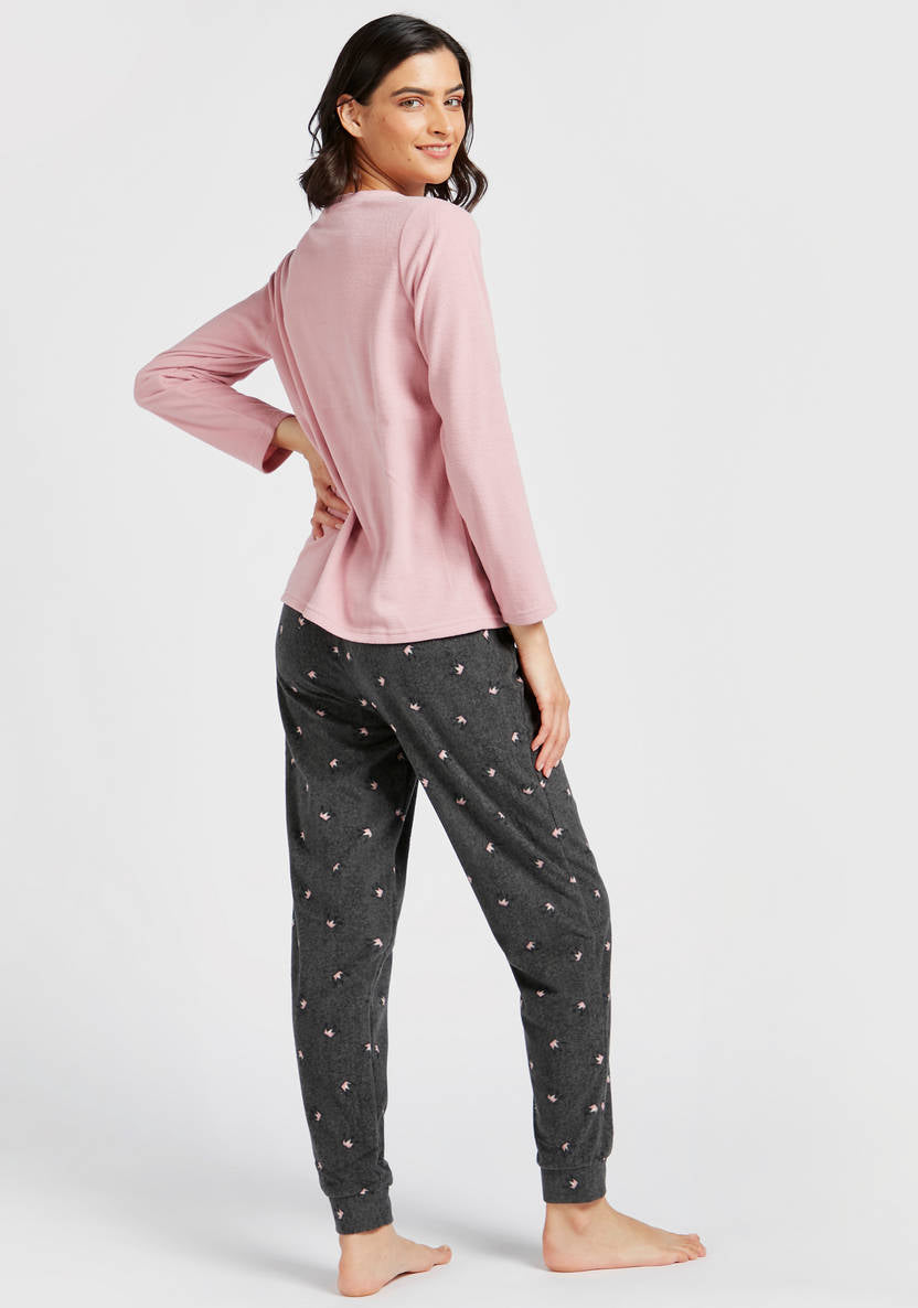 Graphic Print Long Sleeves T-shirt and All-Over Printed Pyjamas Set
