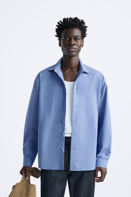 Zara relaxed Pocket poplin shirt blue FIT BIGGER