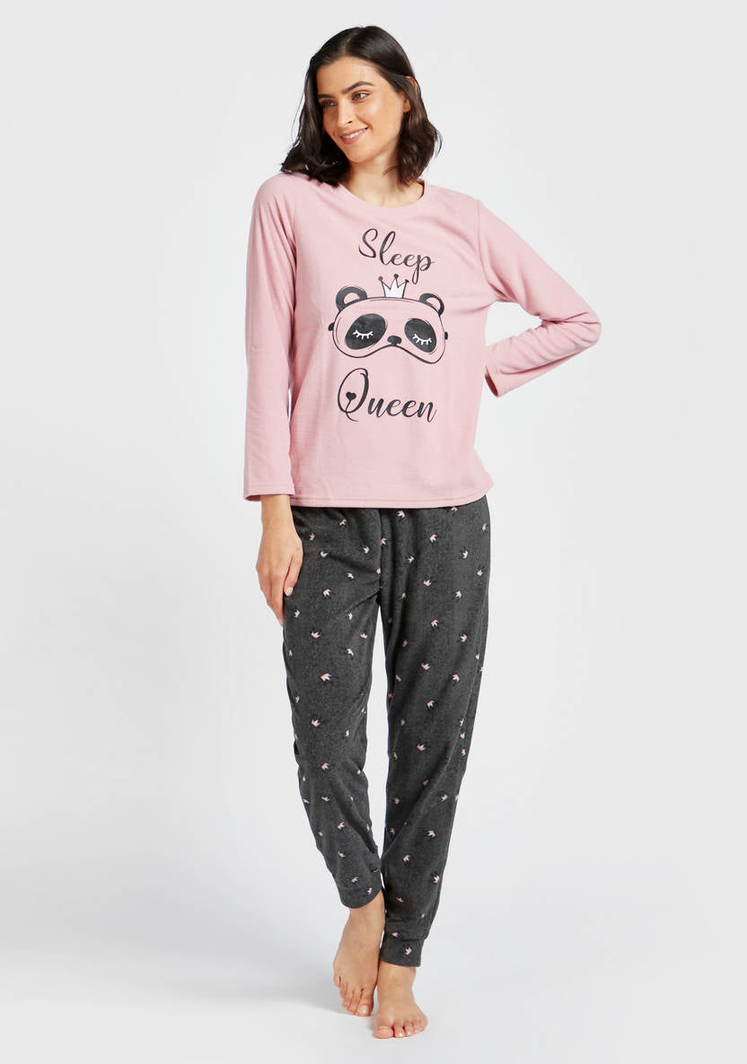 Graphic Print Long Sleeves T-shirt and All-Over Printed Pyjamas Set