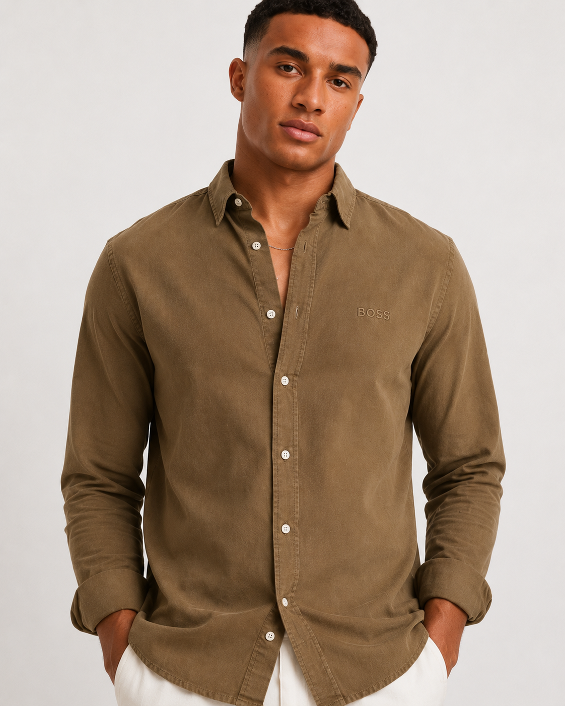 BOSS khaki Relegant  Slim Fit 100% Linen Shirt