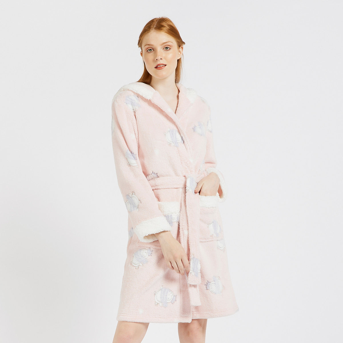 Textured robe with a hood, long sleeves, and pockets