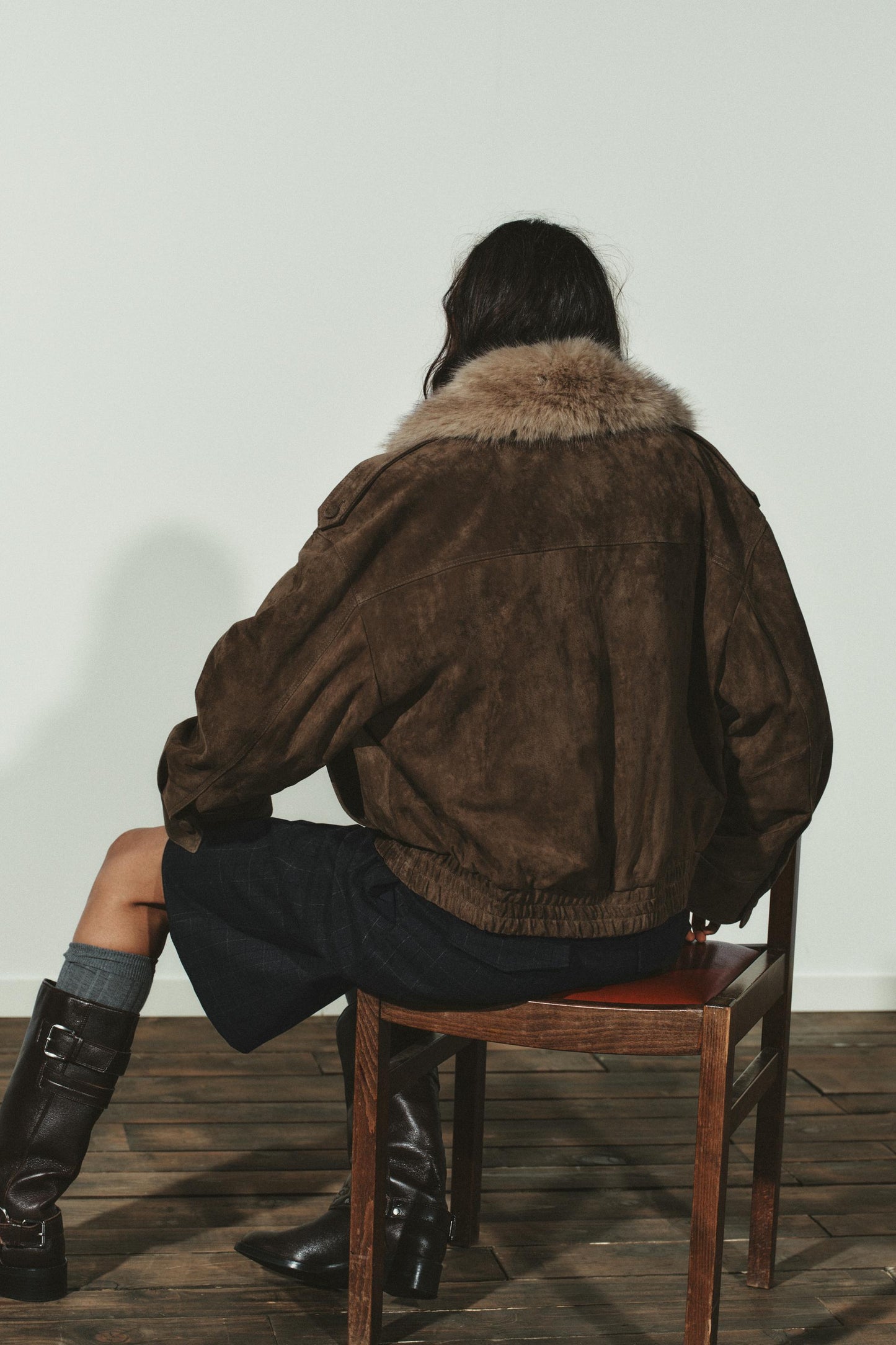 Zara women SUEDE LEATHER JACKET WITH FUR EFFECT Khaki