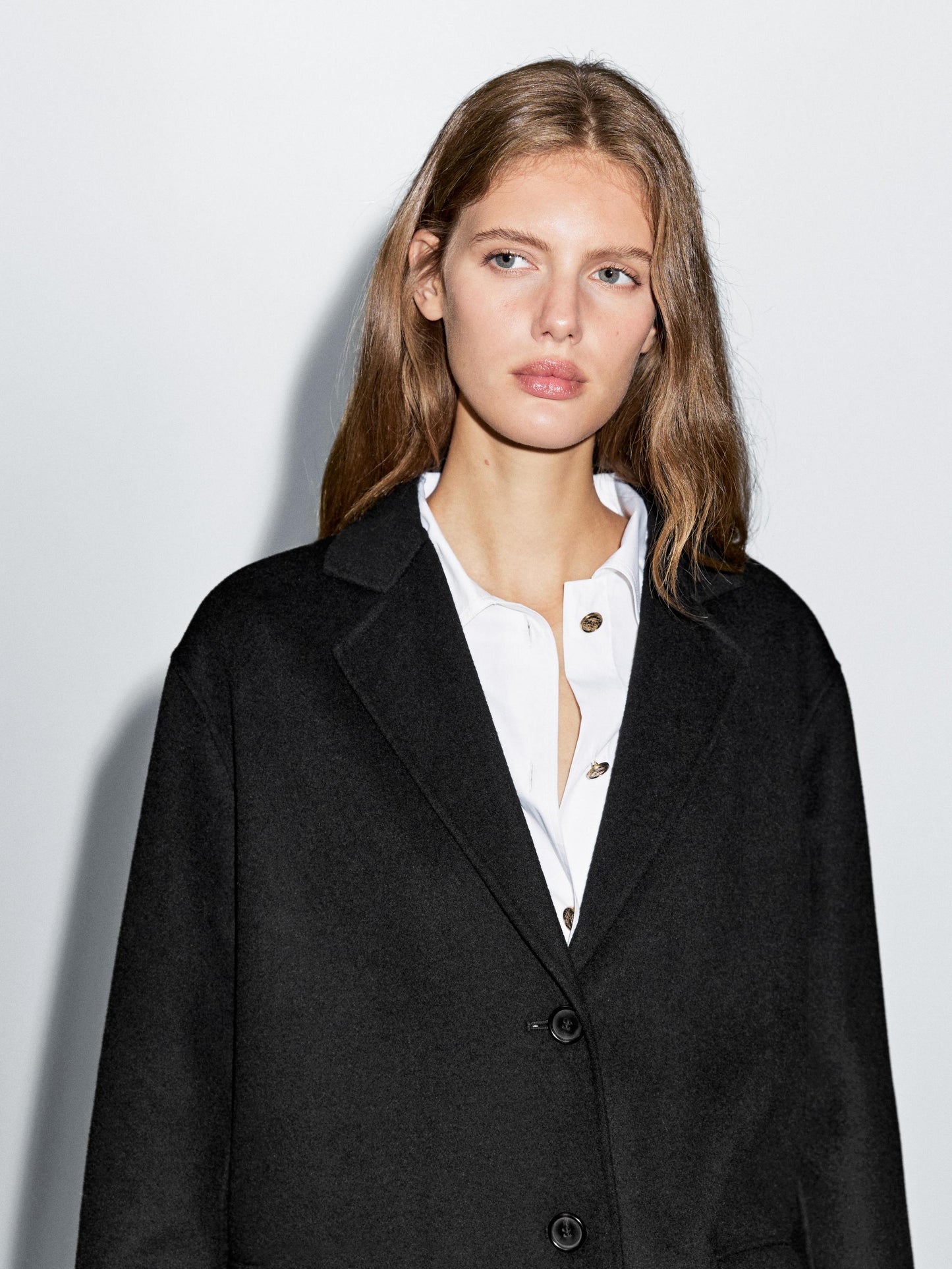 Massimo Dutti LONG WOOL BLEND COAT WOMEN BLACK oversized