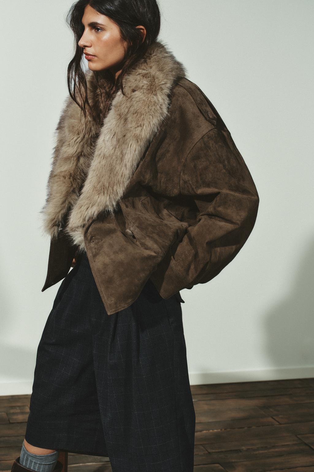 Zara women SUEDE LEATHER JACKET WITH FUR EFFECT Khaki