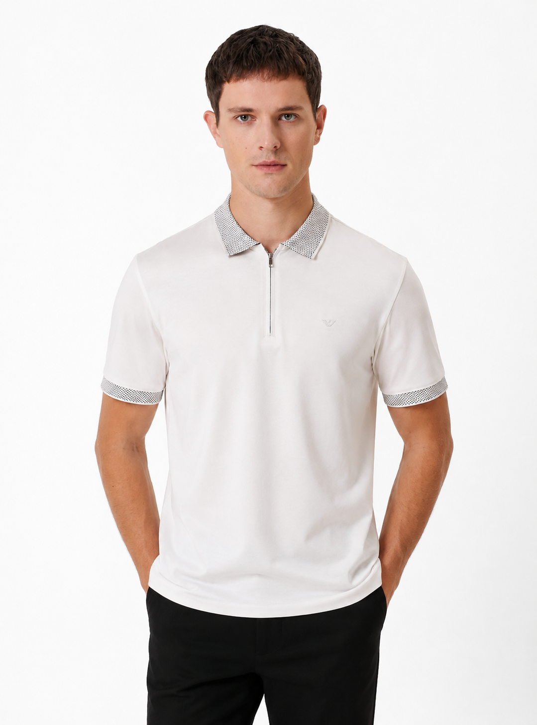 Emporio Armani polo shirt features a distinctively patterned collar