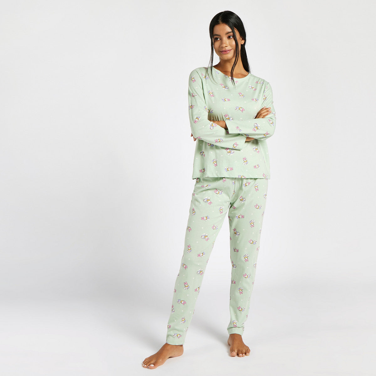 All-Over Daisy Duck Print T-shirt with Long Sleeves and Pyjamas