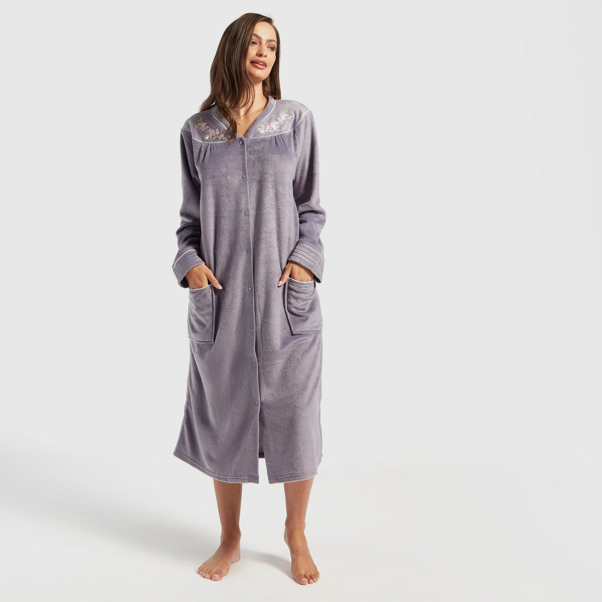 Textured long-sleeve nightshirt with pockets and embroidered details