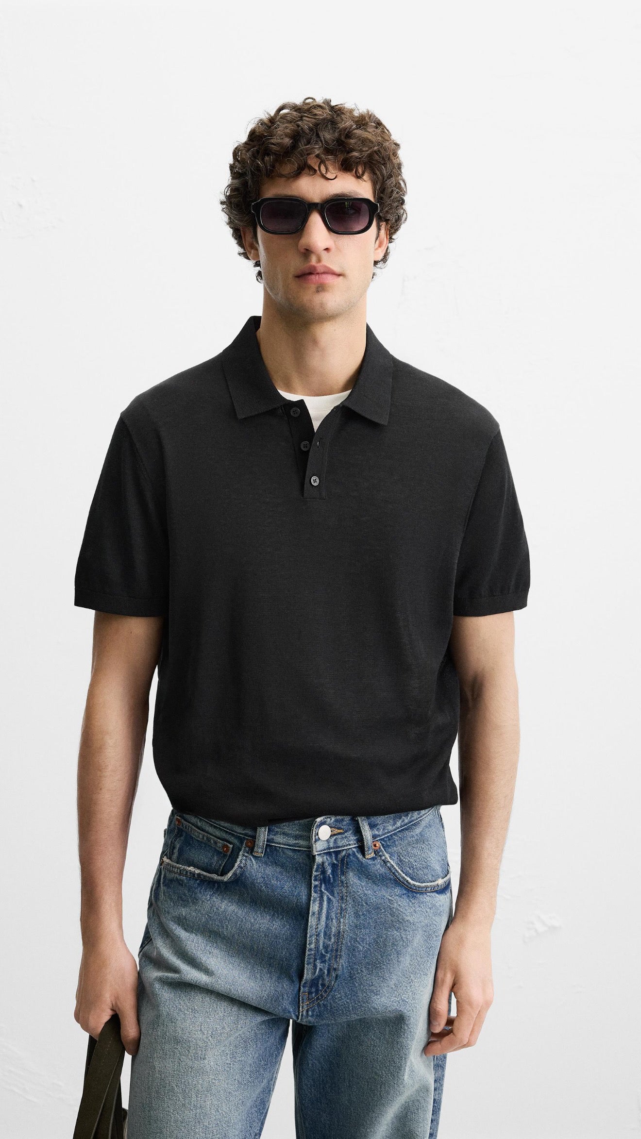 Zara Knit Cotton Silk Polo Shirt Black
