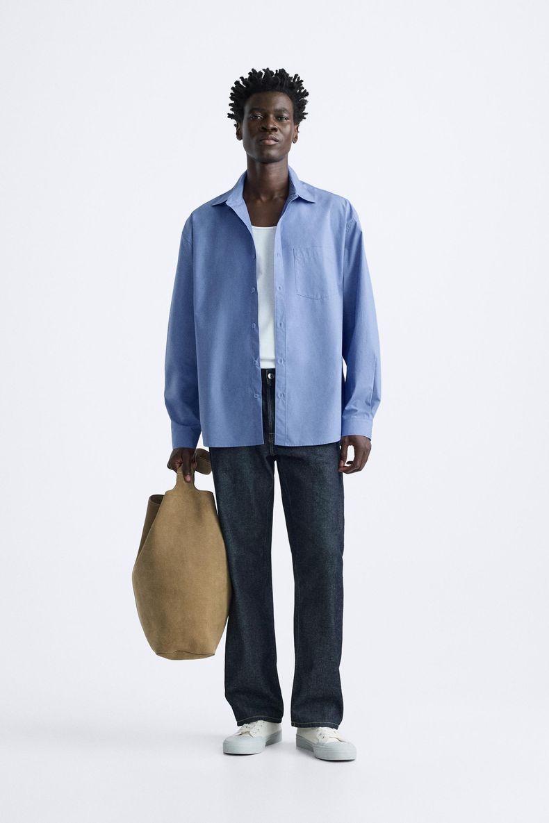 Zara relaxed Pocket poplin shirt blue FIT BIGGER