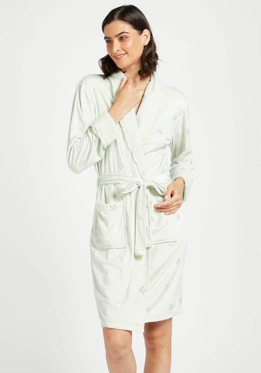 Star Embellished V-neck Robe with Pockets and Belt