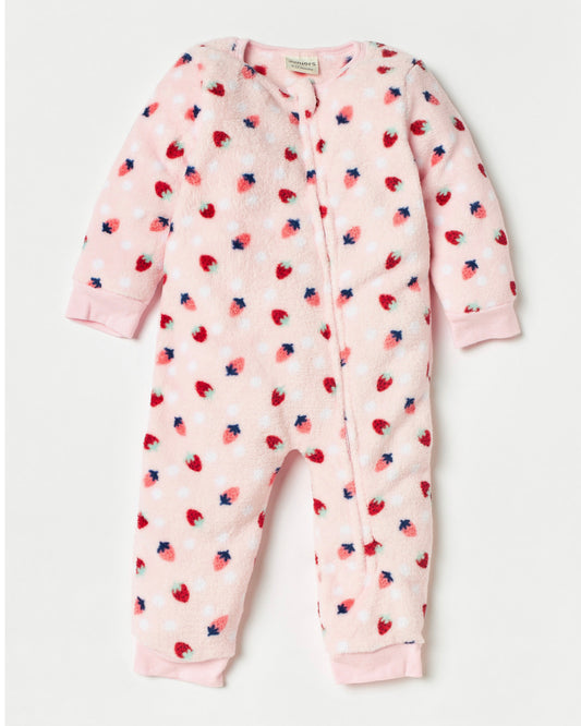 Junior baby girl strawberry fleece patterned textured sleepsuit with a zip closure