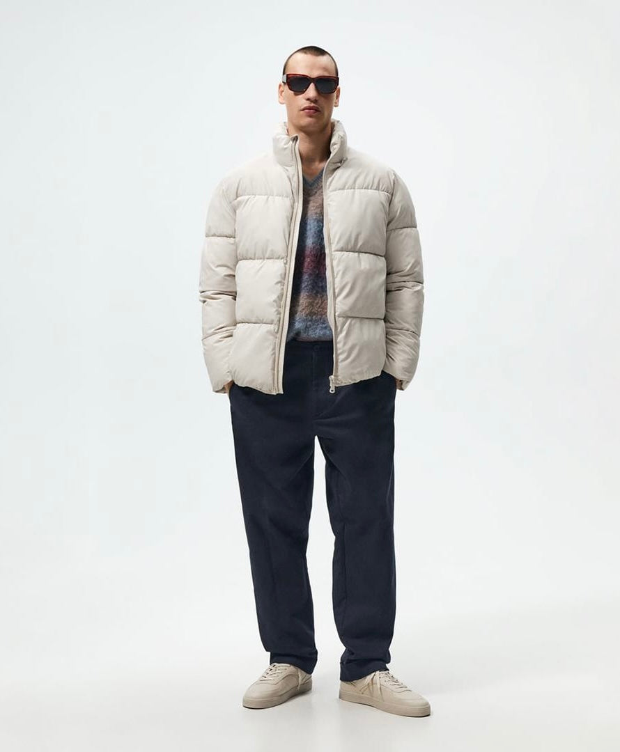 Jacket Zara Men’s Rubberised Puffer Coat Front Zip High Collar in Ivory